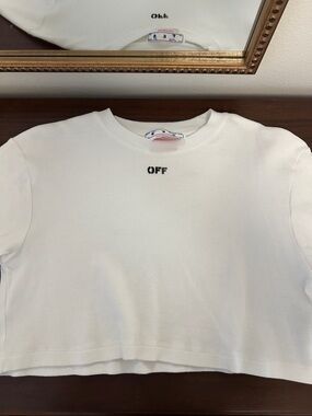 Off-White White Ribbed Cropped Tee with Center Logo